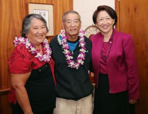 Left to right: Mrs. Jeanne Yagi; Coach Jimmy Yagi; and Rose Tseng, Chancellor, UH Hilo