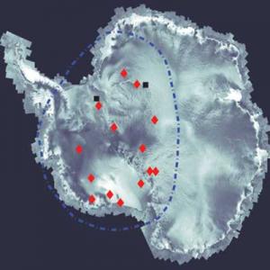  Locations of ultra-high energy cosmic-ray events detected in Antarctica by the ANITA experiment.