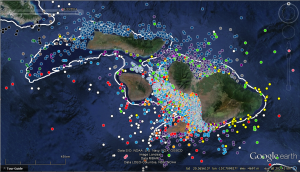 Satellite detections of tiger sharks around Maui. Most detections occur within 600ft depth contour.