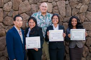 UH West O'ahu award-winning students with Dr. Franklin T. Kudo and Chancellor Rockne Freitas