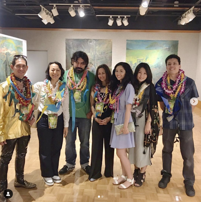 Photo of artists (left to right) Daniel Stratis, Chiho Ushio, Bronson Shimabukuro, Erin Marquez, Alina Kawai, Kana Ogawa, and Andrew Yamauchi