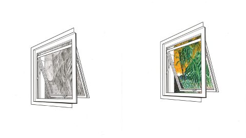 Two images of an open window; one shaded with pencil and one colored