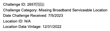 BroadbandMapNotifications@fcc.gov. email content example screenshot after submitting a challenge