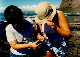 Erin and Judy looking at a crab in the field