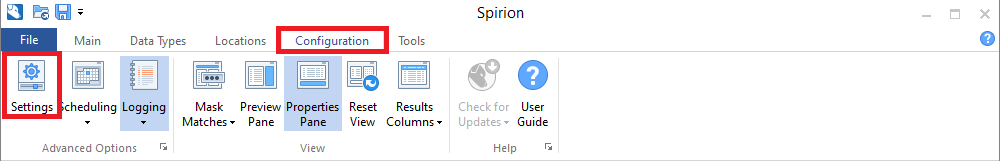 Spirion configuration tab