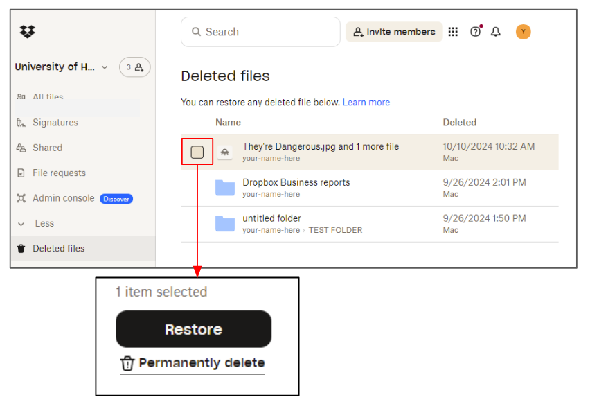 Screenshot of how to delete files in web