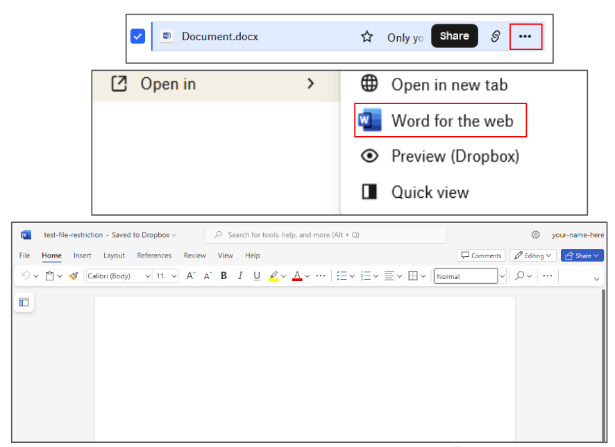 Screenshot of steps taken to edit documents with Microsoft Online