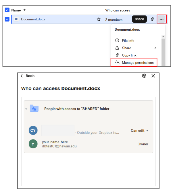 Screenshot of how to share files in dropbox