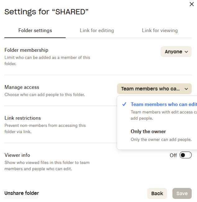 Screenshot showing folder sharing permissions