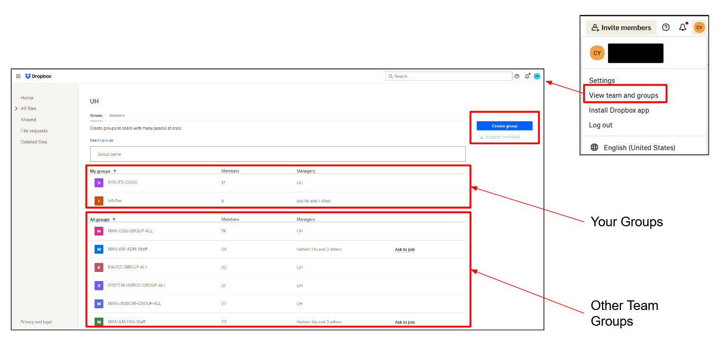 Screenshot showing how to create a group in Dropbox