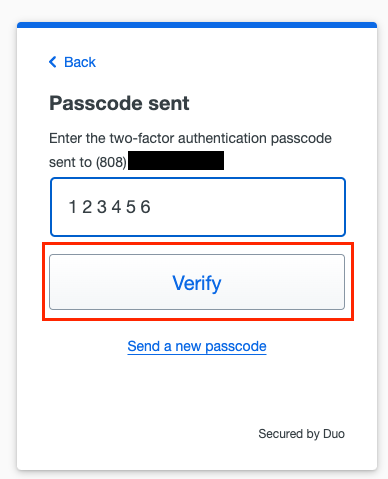 Duo screen asking to confirm the passcode sent to your phone number.