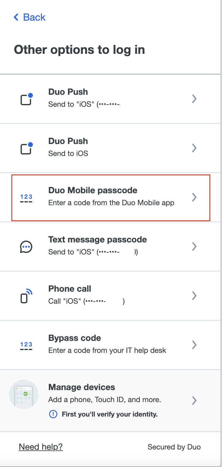 Duo screen showing other options to login, Duo Mobile passcodes is outlined in red.