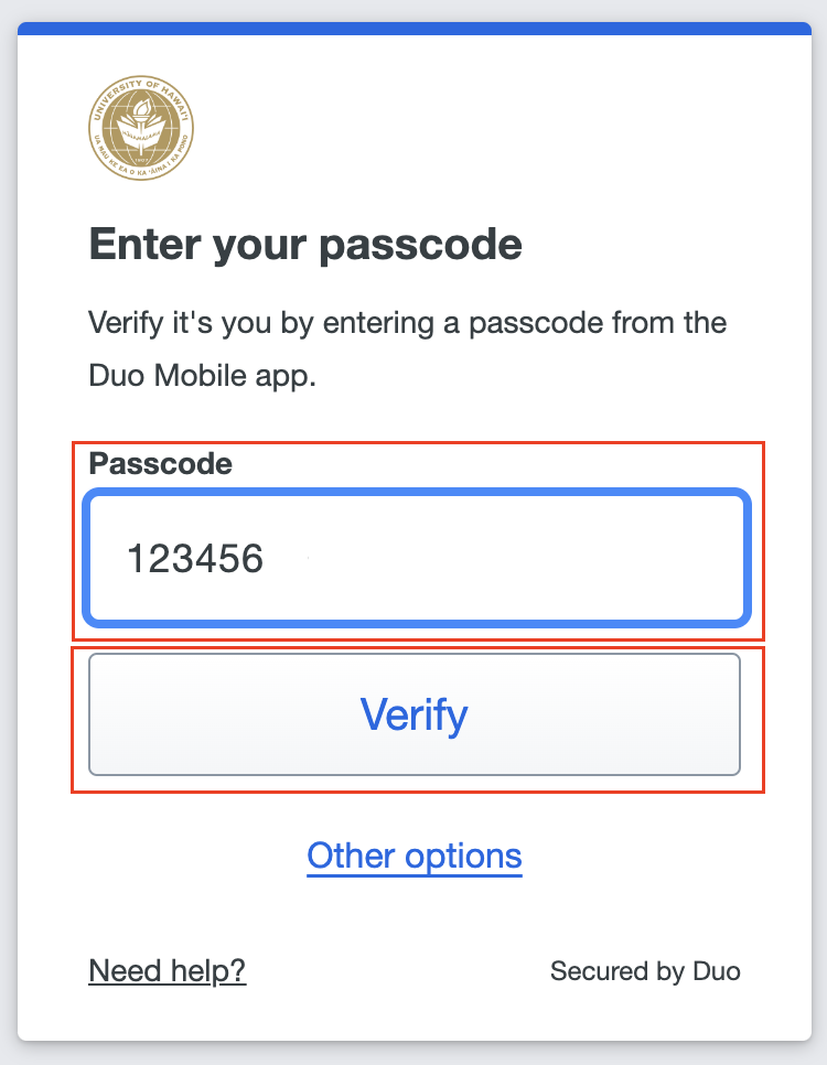 Duo screen to enter your passcode. The passcode text box and verify button are outlined in red.