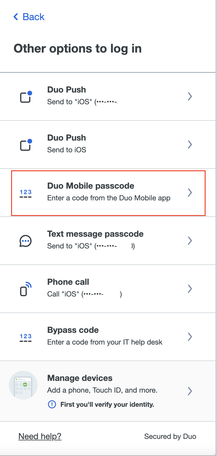 Duo screen showing the Duo Mobile passcode option below the Duo Push option and above the Hardware Token option.