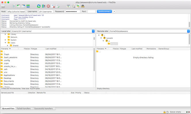 FileZilla client window showing SFTP connection to the specified host