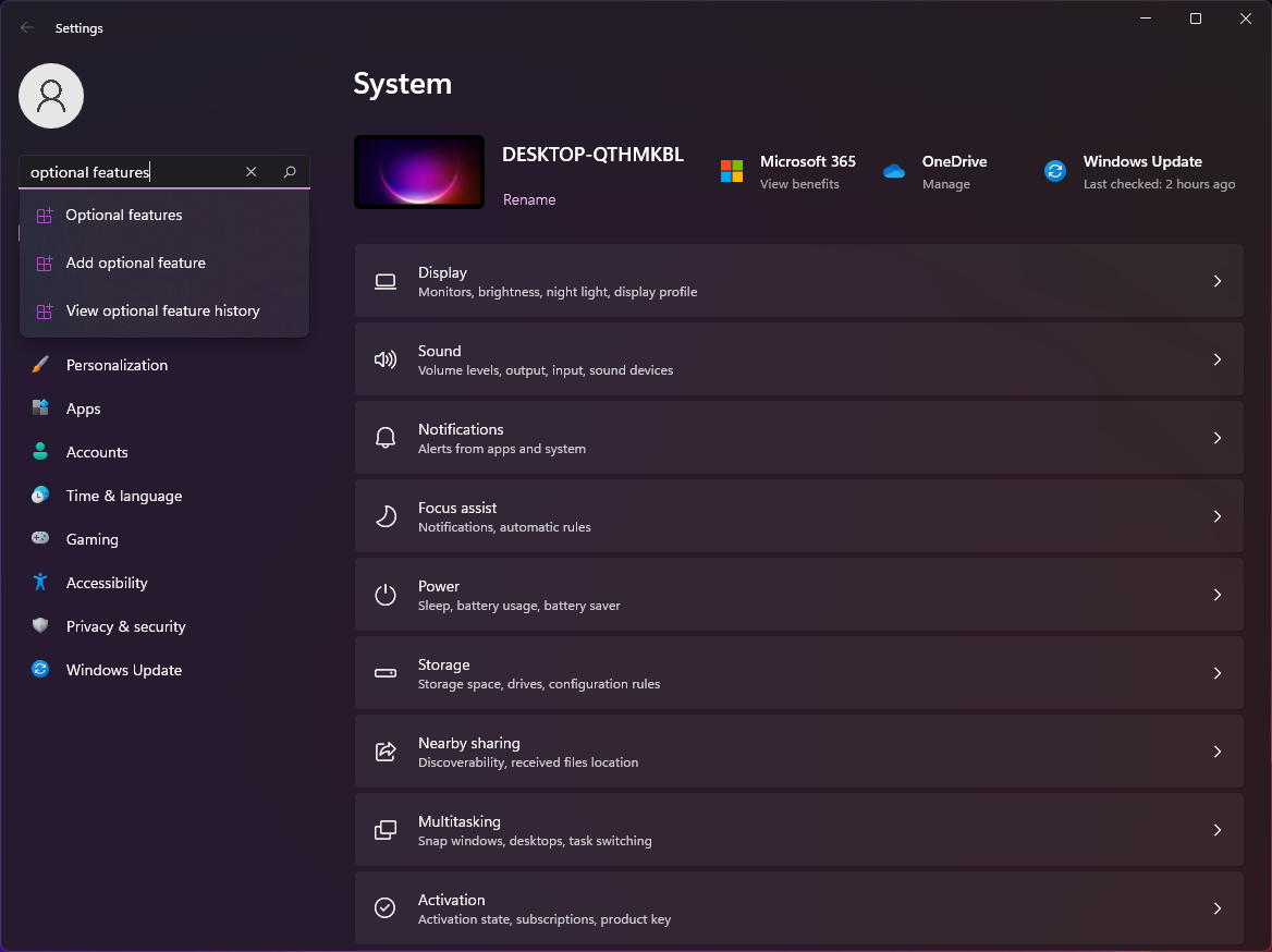 Searching for optional features in the settings application in Windows 11