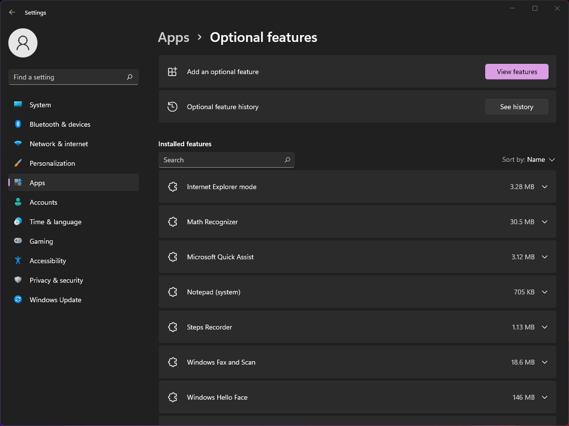 The optional features menu in the settings application in windows 11.