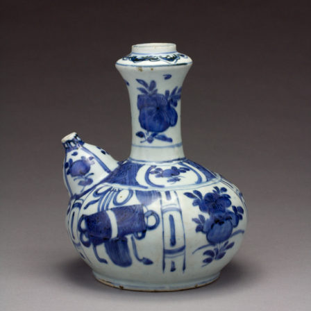 Photograph of ceramic Kendi (blue and white floral)