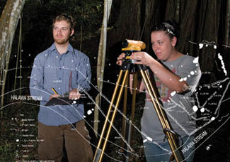 archaeology students demonstrate equipment for measuring topography