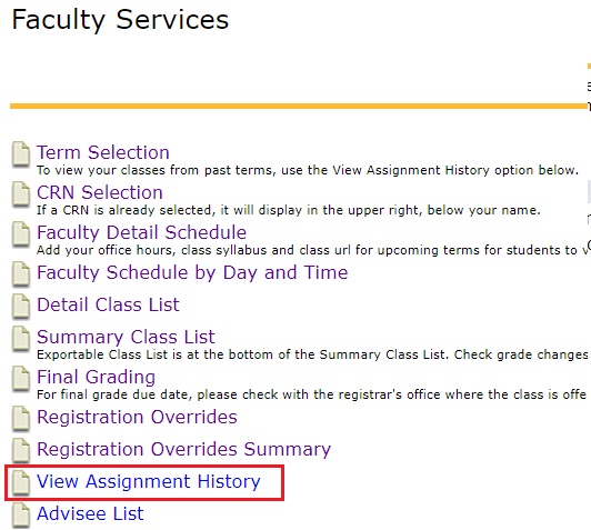 View Assignment History Menu 