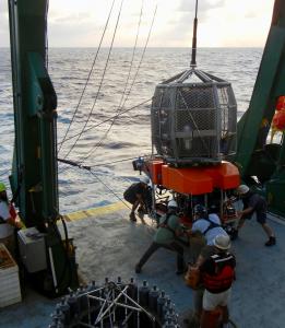 The team recovering ROV Luukai on the R/V Kilo Moana after a successful dive. Credit: UHM SOEST.