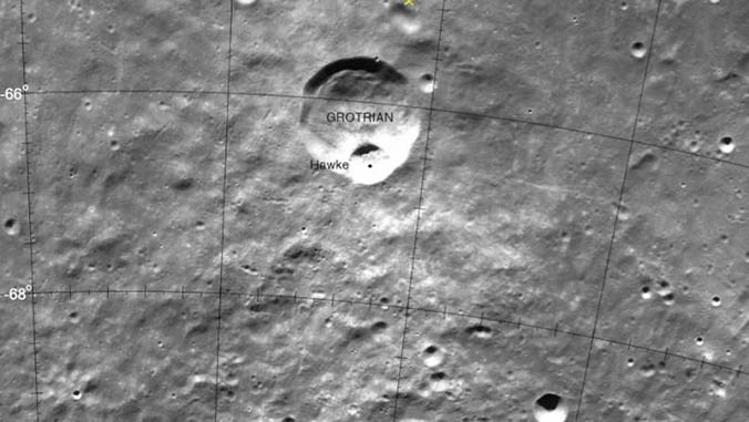 Black and white image of Hawke crater on the moon in a space labelled GROTRIAN