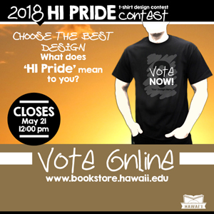 HI Pride graphic with person wearing black t-shirt with words vote now on it
