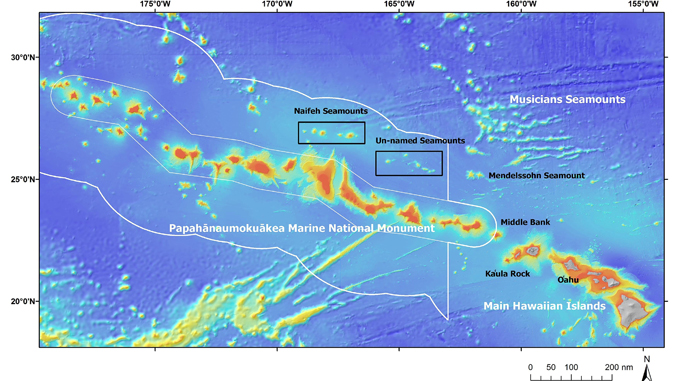 Map of Northwestern Hawaiian Islands with Papahanaumokuakea circled