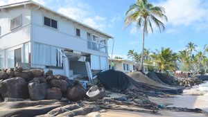Damaged homes on the shoreline