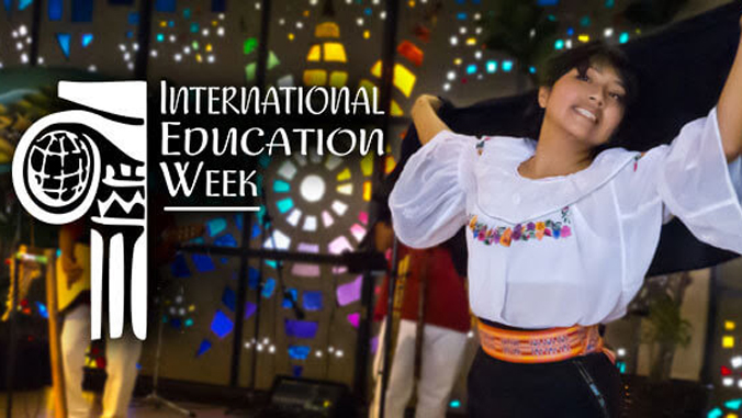 student wearing white dance costume and International Education Week logo