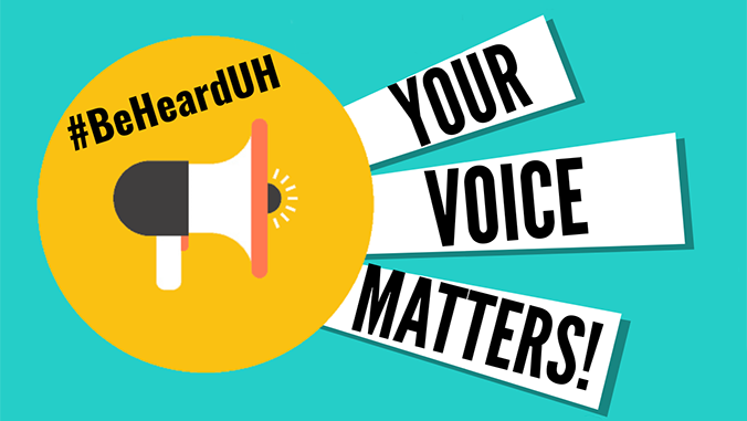 Megaphone with the text: #BeHeardUH Your Voice Matters