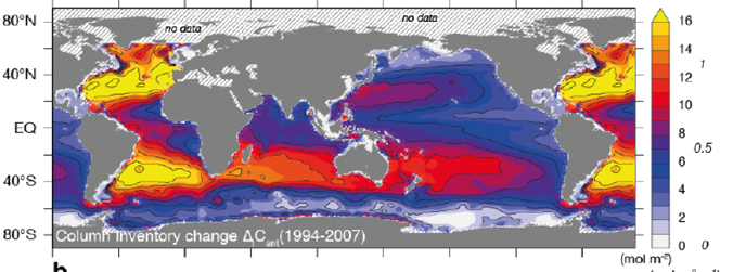 map colored coded to show changes in human produced CO2 in oceans