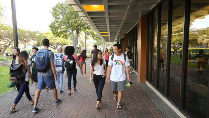 Students walking near Hamilton Library