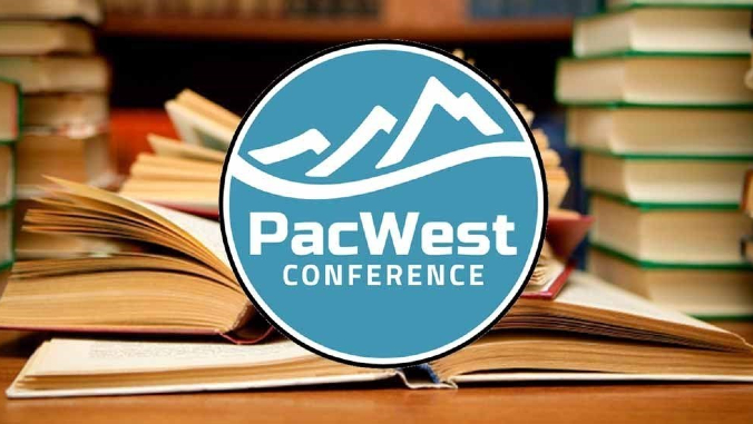 pacwest conference logo with books in background