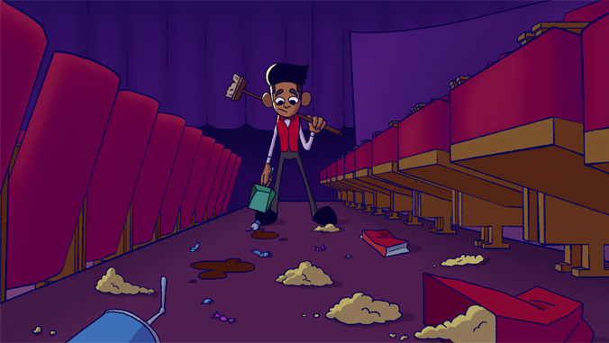 animation of a theater worker looking at trash