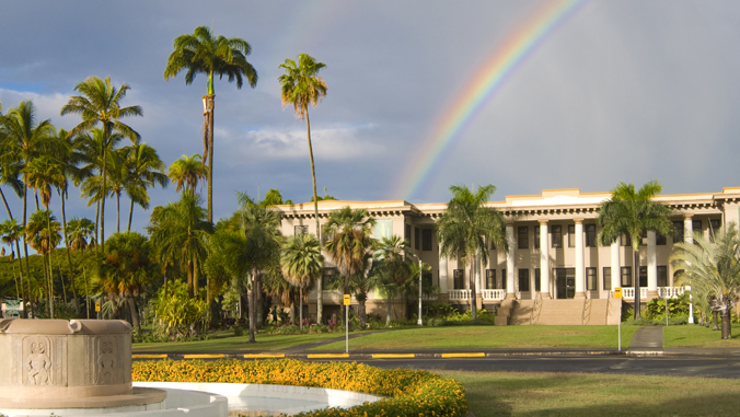 hawaii hall building with a rainbow