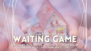 waiting game film poster with a pink and white house