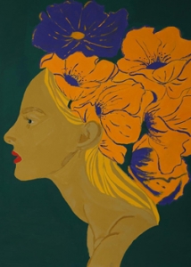 acrylic painting of a womenʻs head with flowers on it