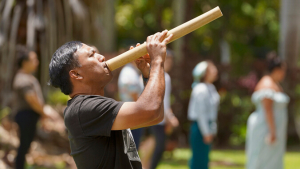 person playing a bamboo instrument