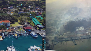 Aerial comparison of Lahaina before and after the fire