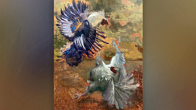 oil painting of two roosters fighting