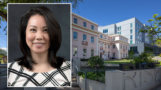 person headshot over photo of a building