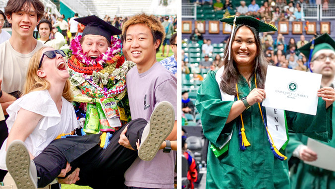 Left: grad held up by others; right: grad in cap and gown