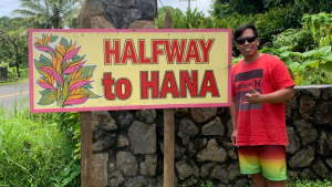 Ramos at Halfway to Hana sign