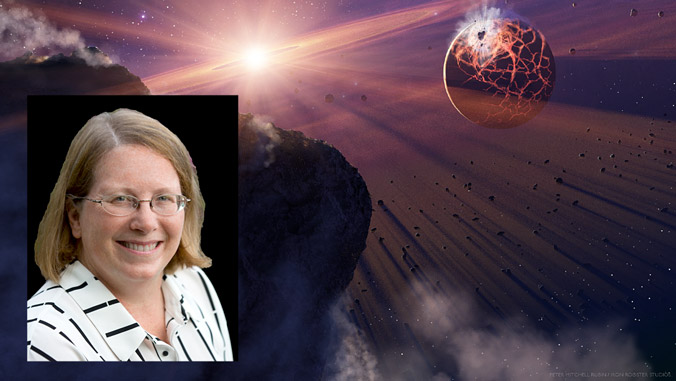 woman in front of space background