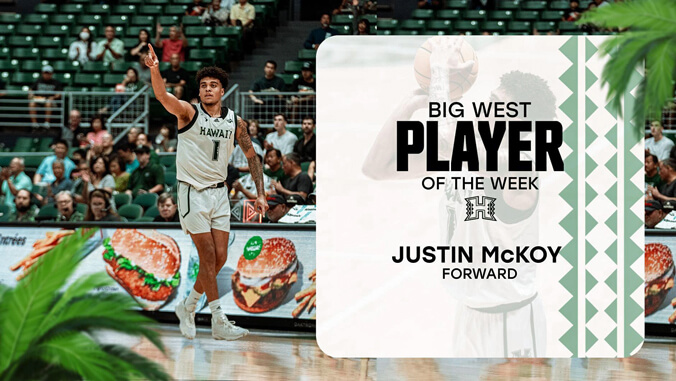 U H Manoa basketball player Justin McKoy on court with Big West Player graphic on photo
