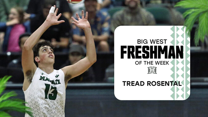 U H basketball player Rosental, Big West Freshman graphic