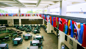U H Manoa Campus Center with flags hanging up