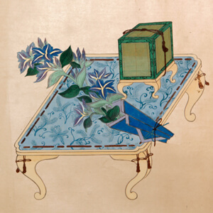 Painting of a blue table with flowers and a cage