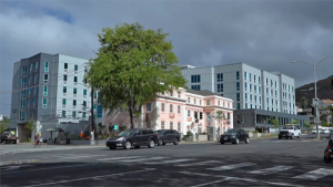 large pink and blue building